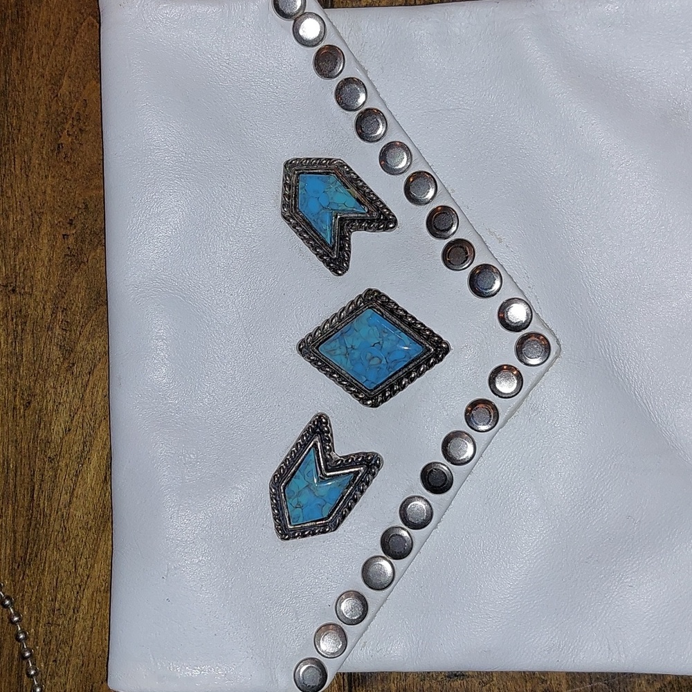 Nina Arjan Vintage 1992 genuine white purse leather mini bag with turquoise - Picture 5 of 8